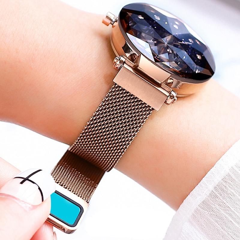 Frendorf | Luxus Sternenhimmel Edelstahl Mesh Armbanduhren für Frauen Kristall Analog Quarz Armbanduhren Damen Sport Kleid Uhr