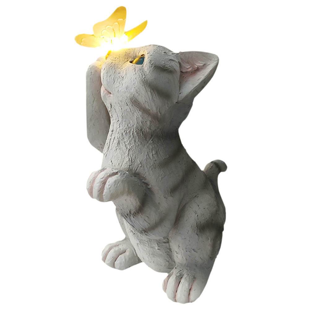 Frendorf | SolarPurr Gartenleuchte | LED-Katzenfigur mit Schmetterling | Solarbetrieben | Wetterfest | Dekoration für Außenbereiche
