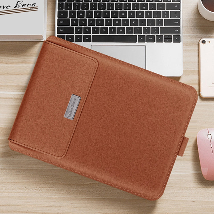 Frendorf | 4 in 1 Universal wasserdichte PU-Leder Laptop Liner Tasche mit Griff & Ständer & Stifthalter + 2 Aufwickler + Maus Tasche + Ladegerät Tasche Set für 15 Zoll Laptops (Braun)