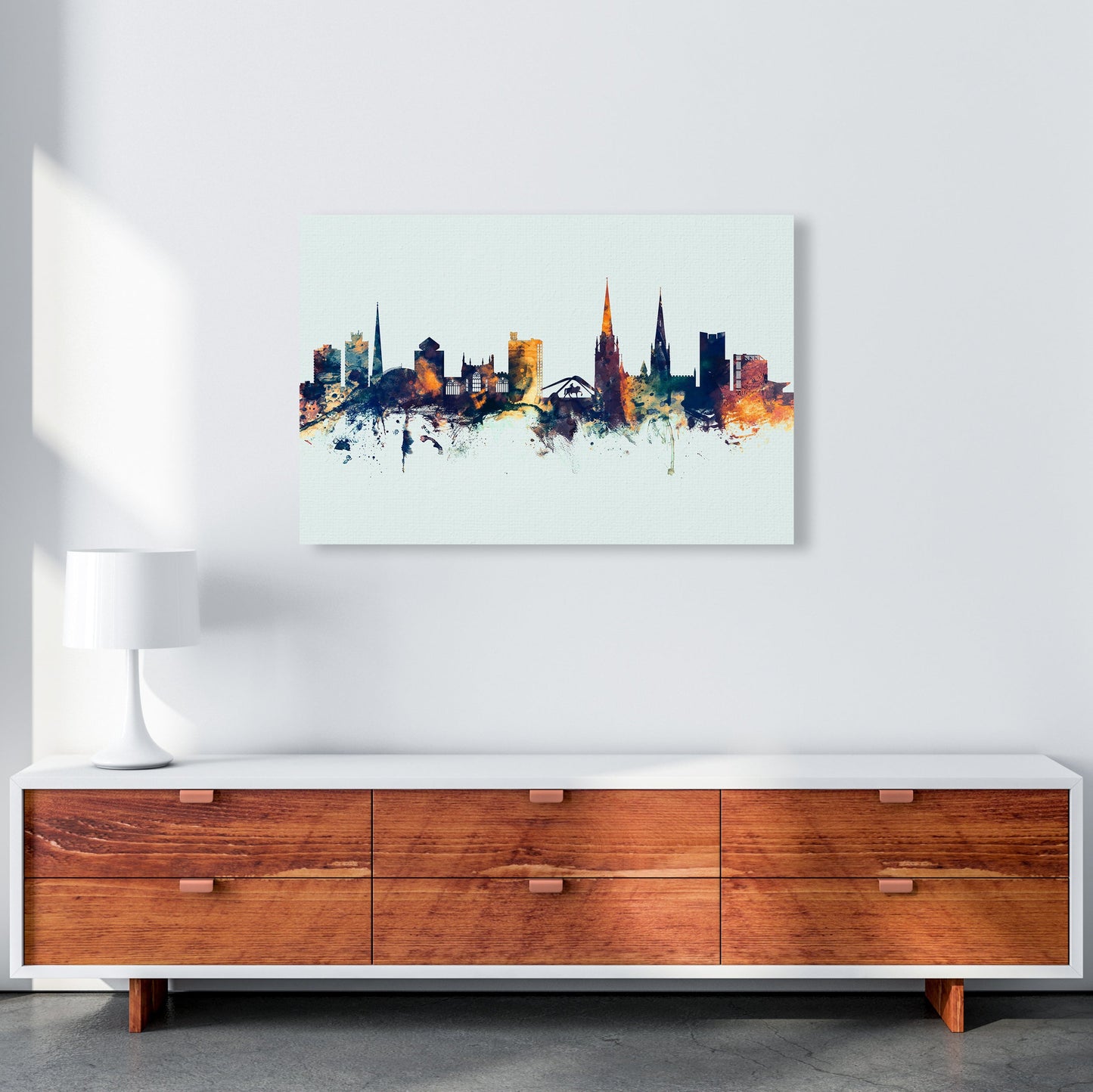 Coventry England Skyline Blau Orange Kunstdruck