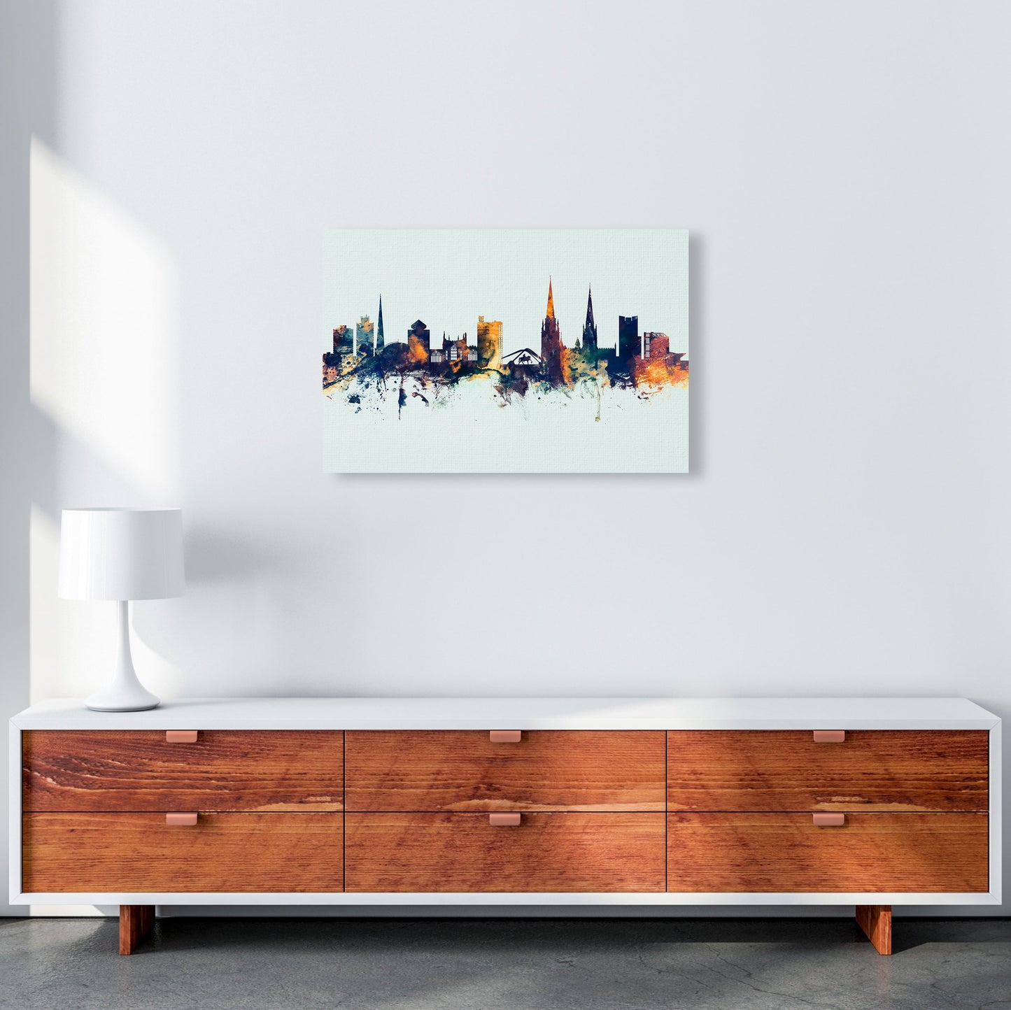 Coventry England Skyline Blau Orange Kunstdruck