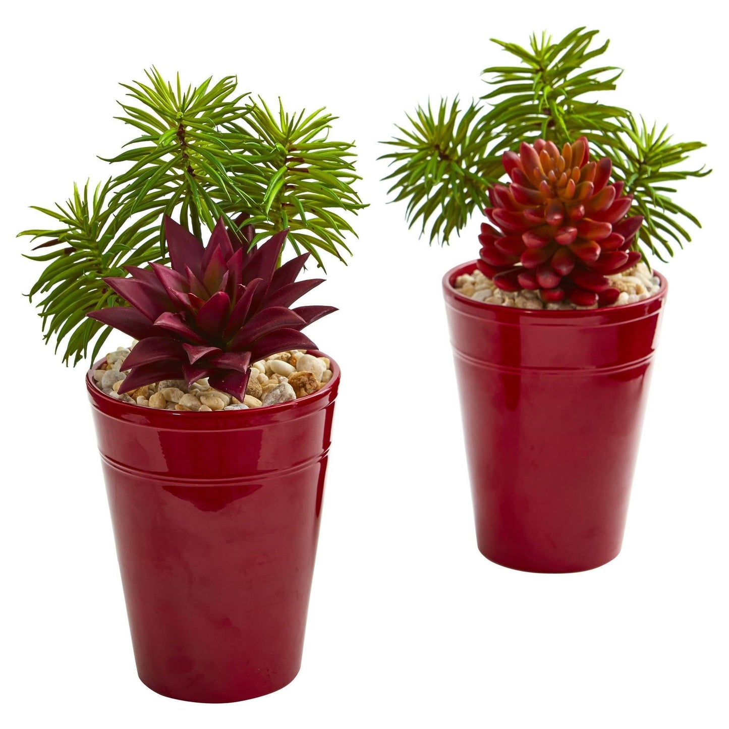 Gemischte Sukkulenten Kunstpflanze in burgunderfarbener Vase (Set von 2)