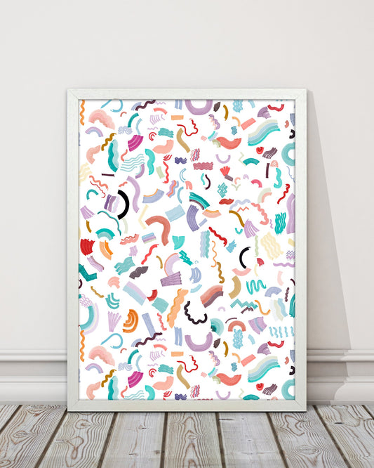 Curly und Zickzack-Streifen Weiß Abstract Kunst Druck