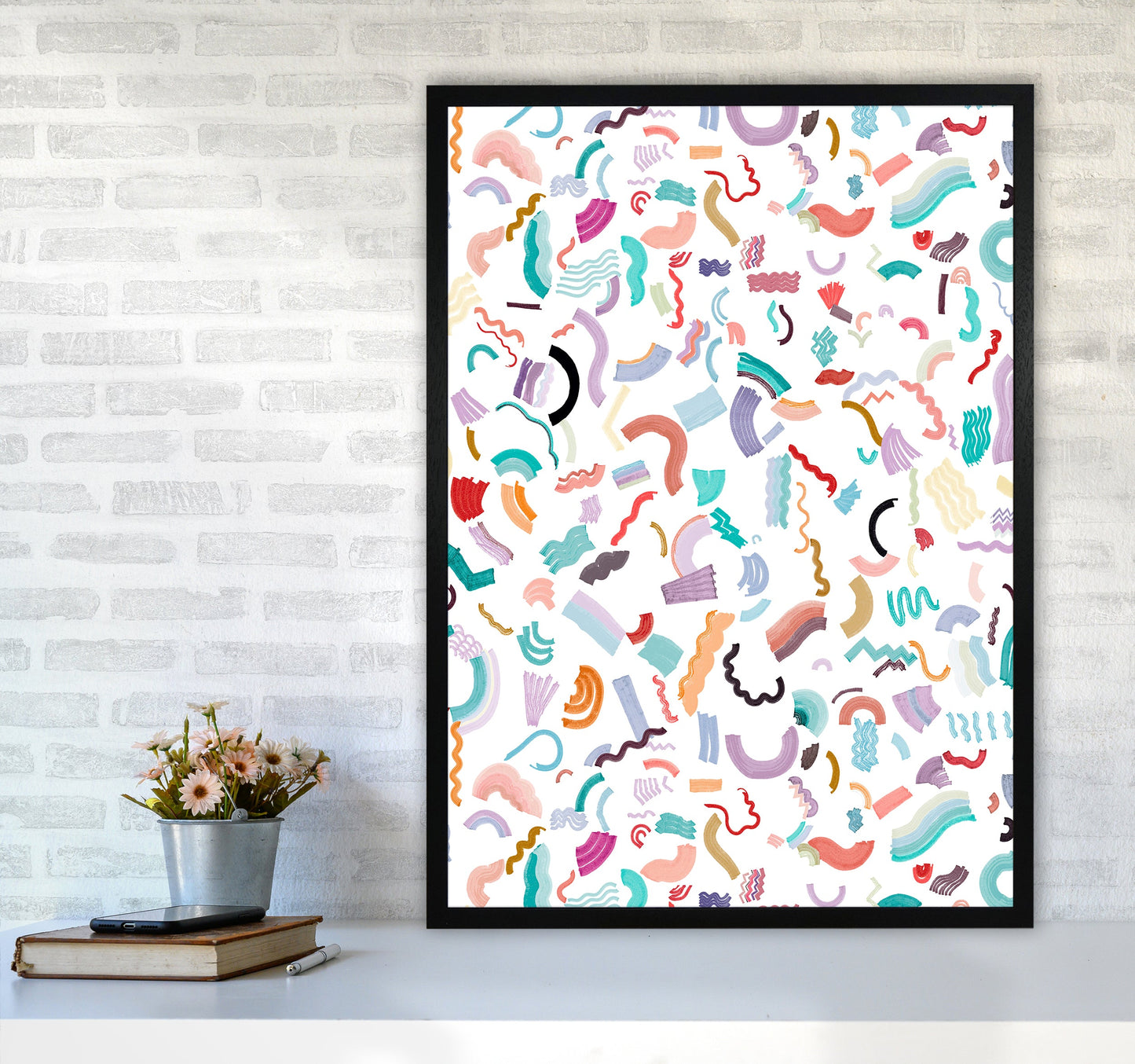 Curly und Zickzack-Streifen Weiß Abstract Kunst Druck