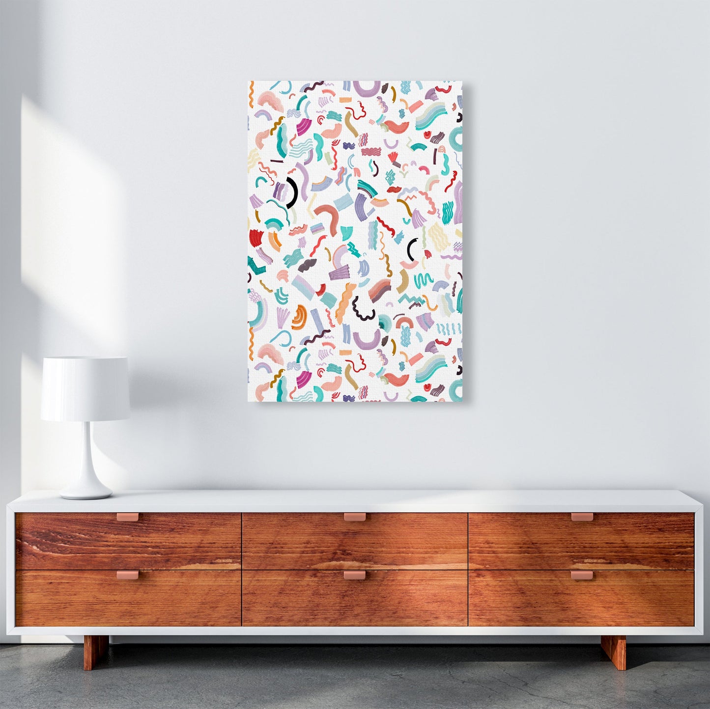 Curly und Zickzack-Streifen Weiß Abstract Kunst Druck