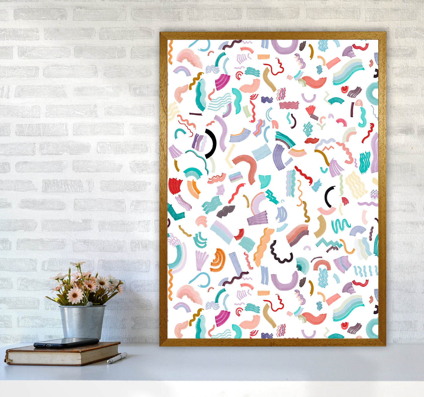 Curly und Zickzack-Streifen Weiß Abstract Kunst Druck