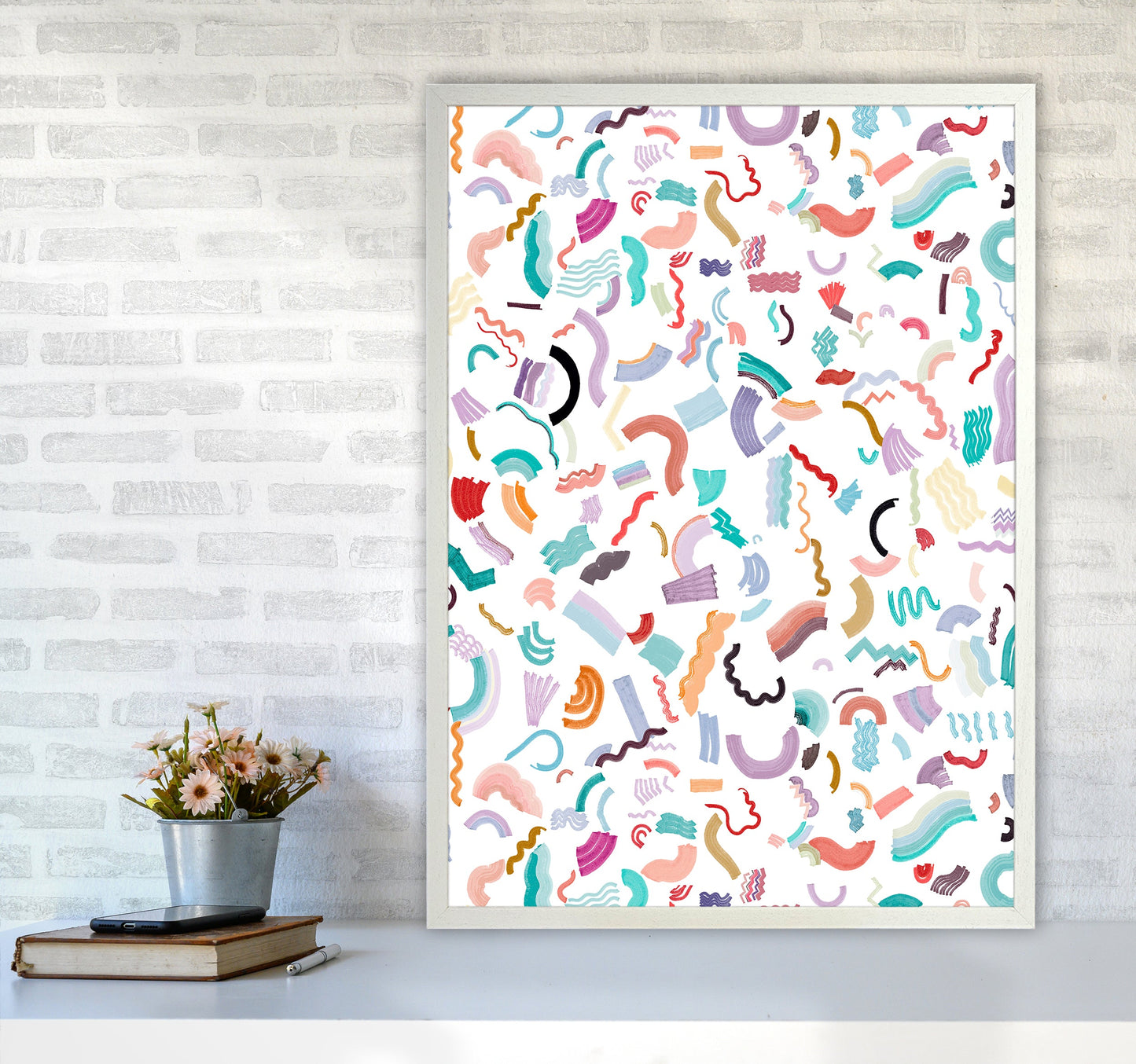 Curly und Zickzack-Streifen Weiß Abstract Kunst Druck