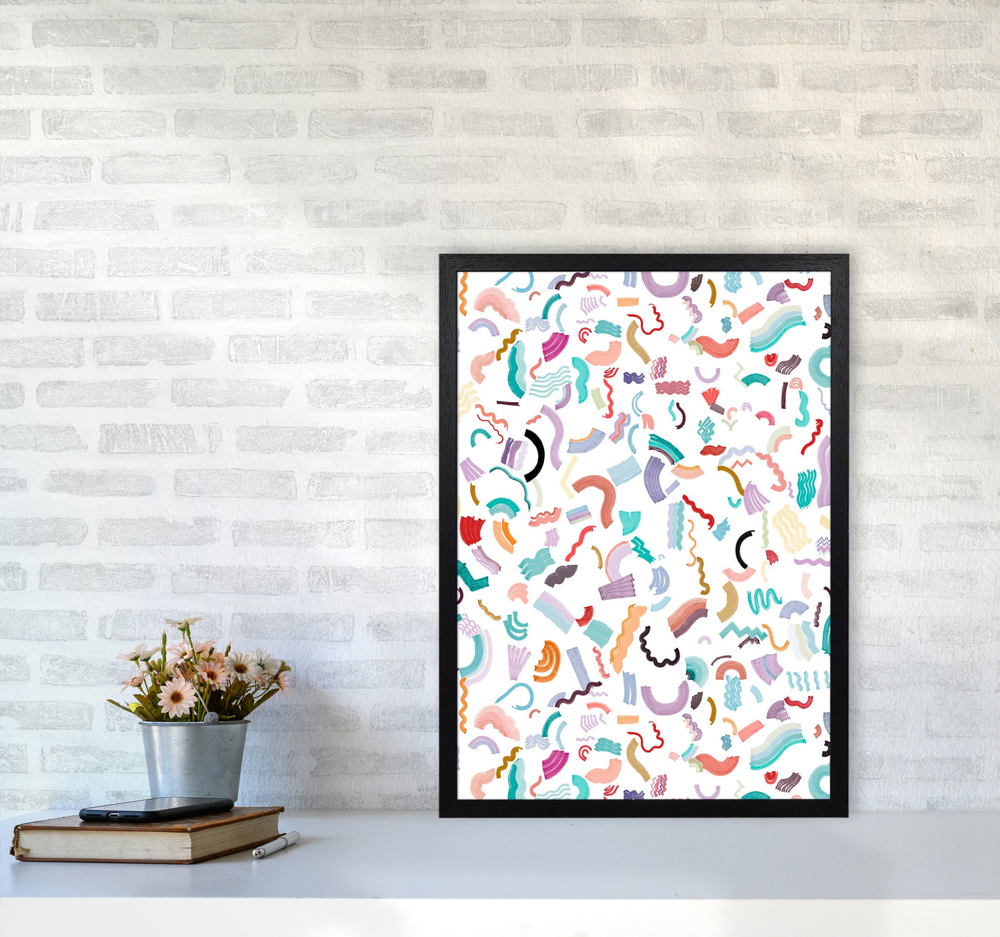 Curly und Zickzack-Streifen Weiß Abstract Kunst Druck