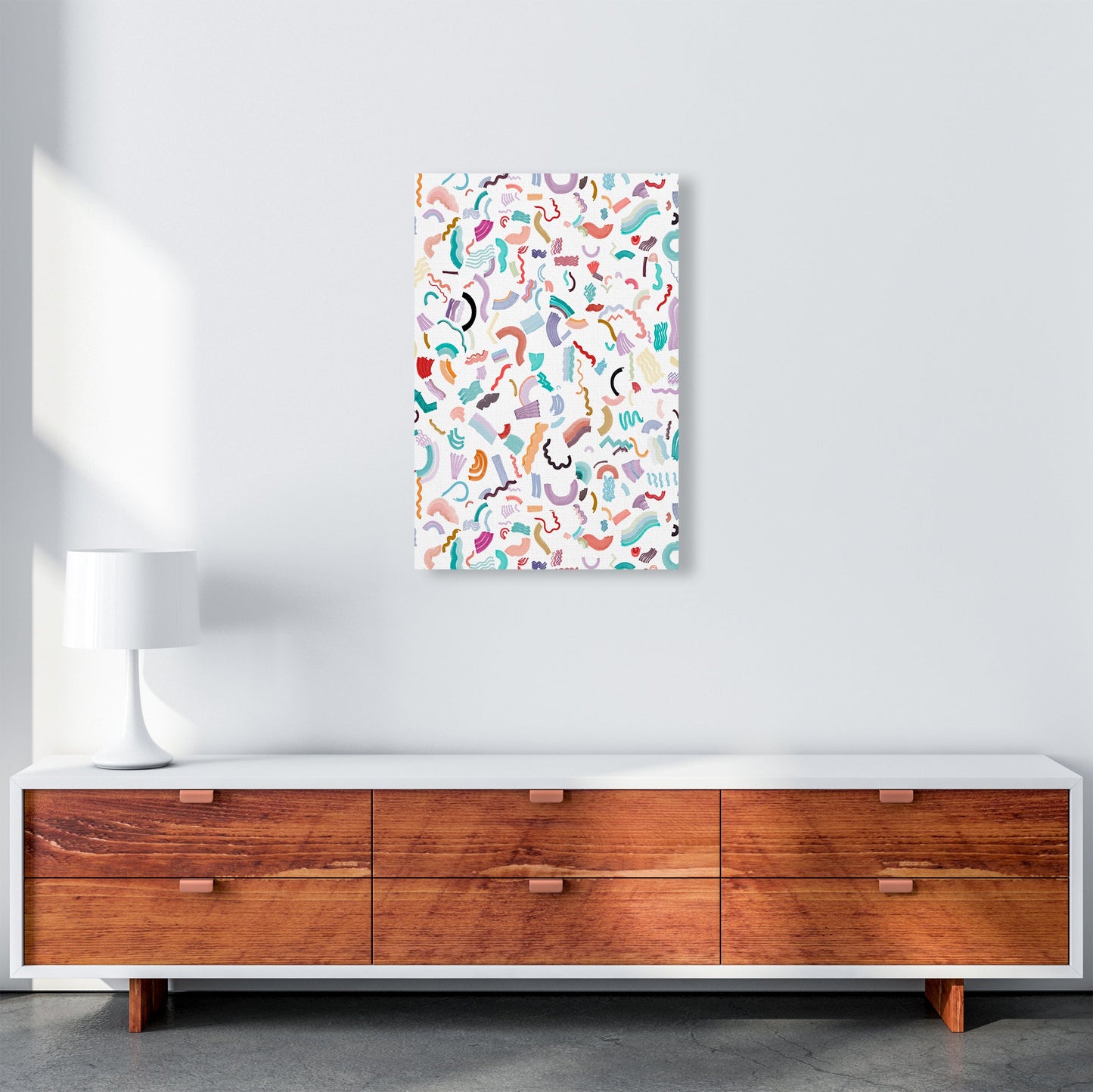 Curly und Zickzack-Streifen Weiß Abstract Kunst Druck