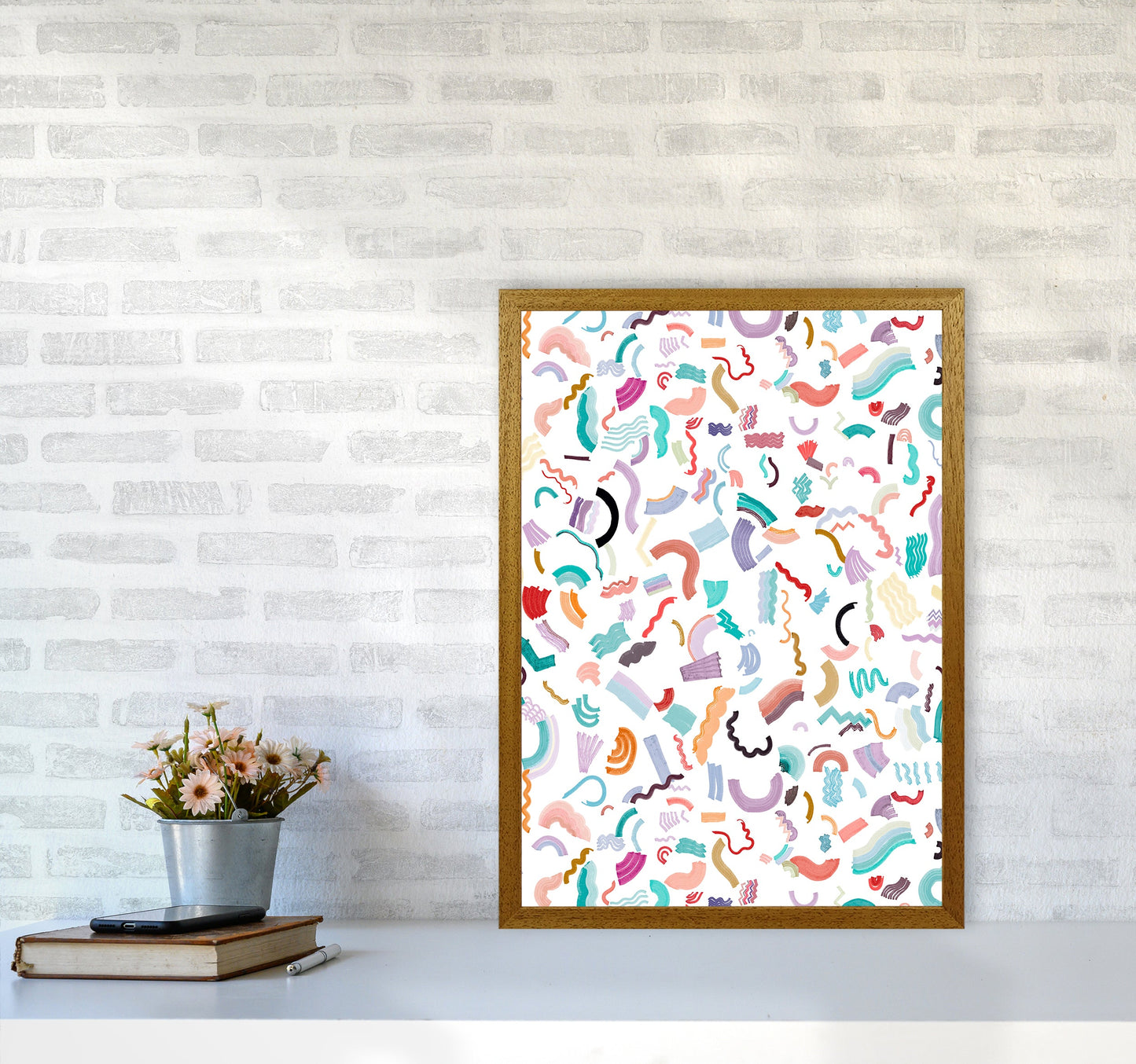 Curly und Zickzack-Streifen Weiß Abstract Kunst Druck