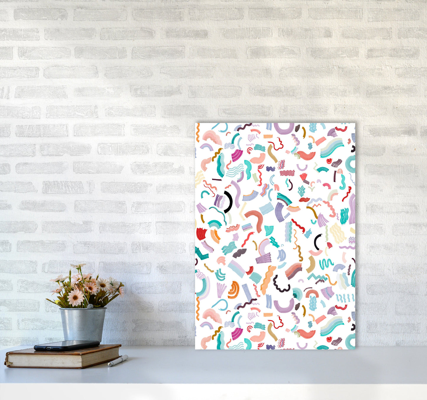 Curly und Zickzack-Streifen Weiß Abstract Kunst Druck