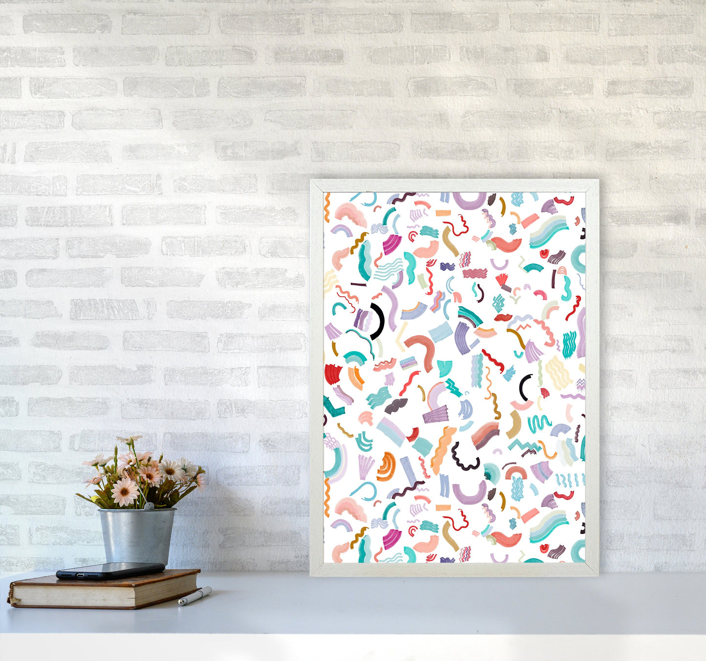 Curly und Zickzack-Streifen Weiß Abstract Kunst Druck