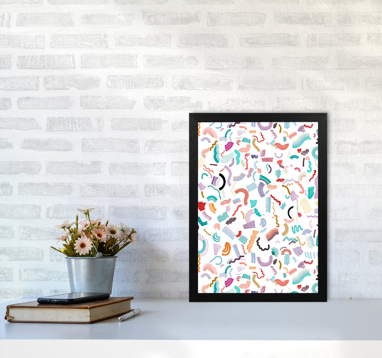 Curly und Zickzack-Streifen Weiß Abstract Kunst Druck