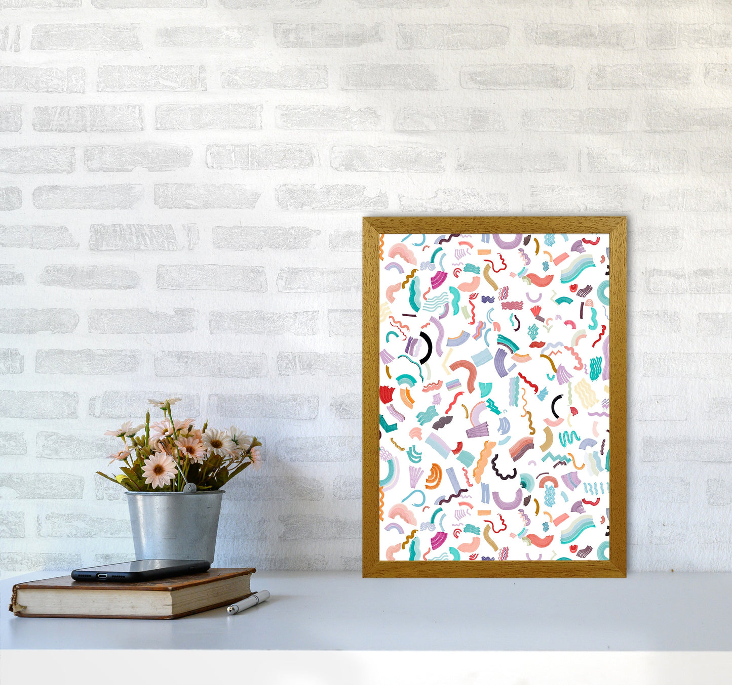 Curly und Zickzack-Streifen Weiß Abstract Kunst Druck