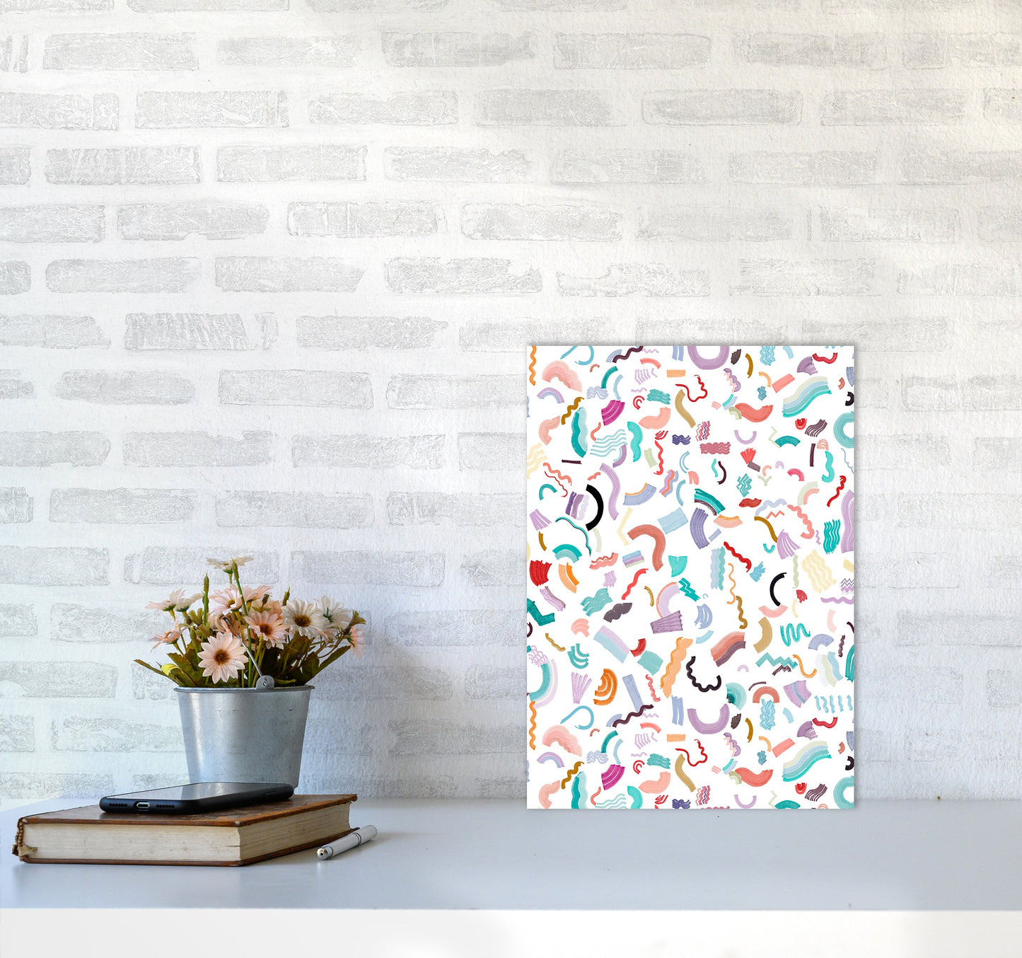 Curly und Zickzack-Streifen Weiß Abstract Kunst Druck