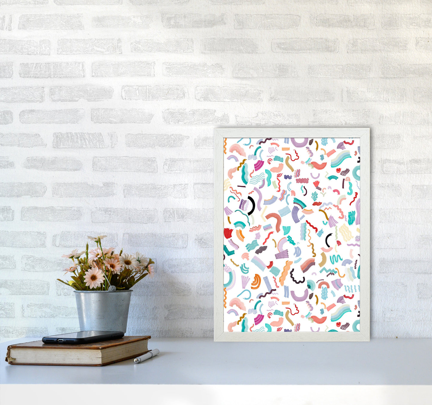 Curly und Zickzack-Streifen Weiß Abstract Kunst Druck