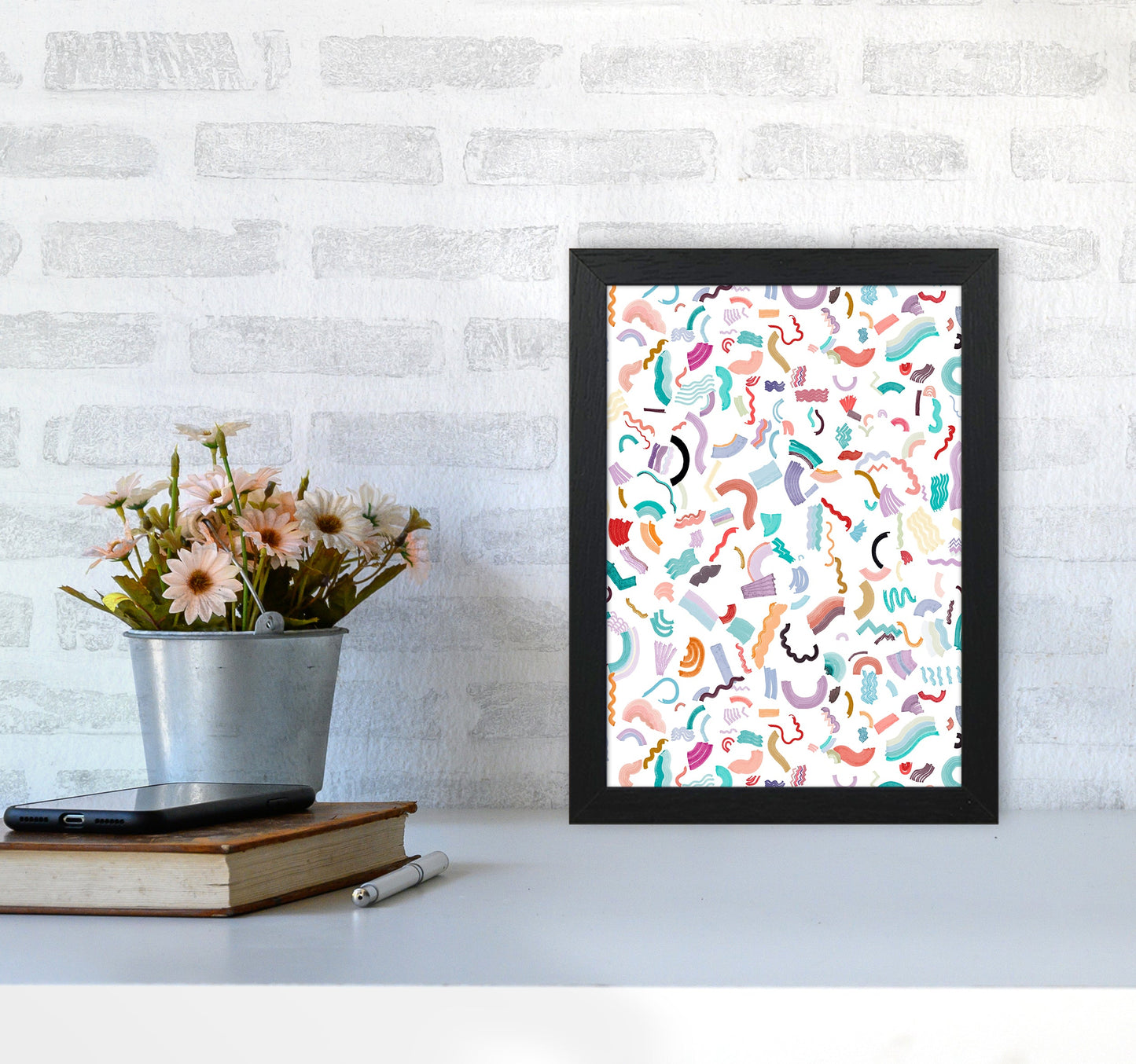 Curly und Zickzack-Streifen Weiß Abstract Kunst Druck