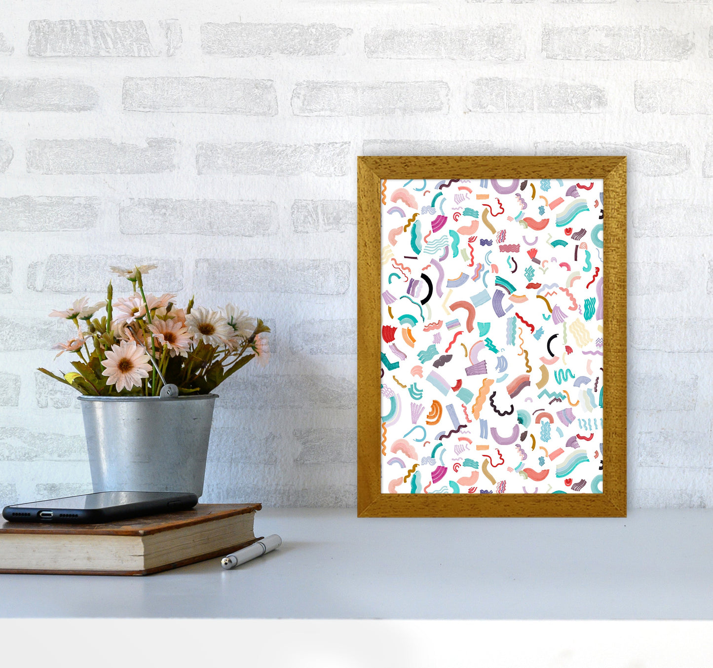 Curly und Zickzack-Streifen Weiß Abstract Kunst Druck