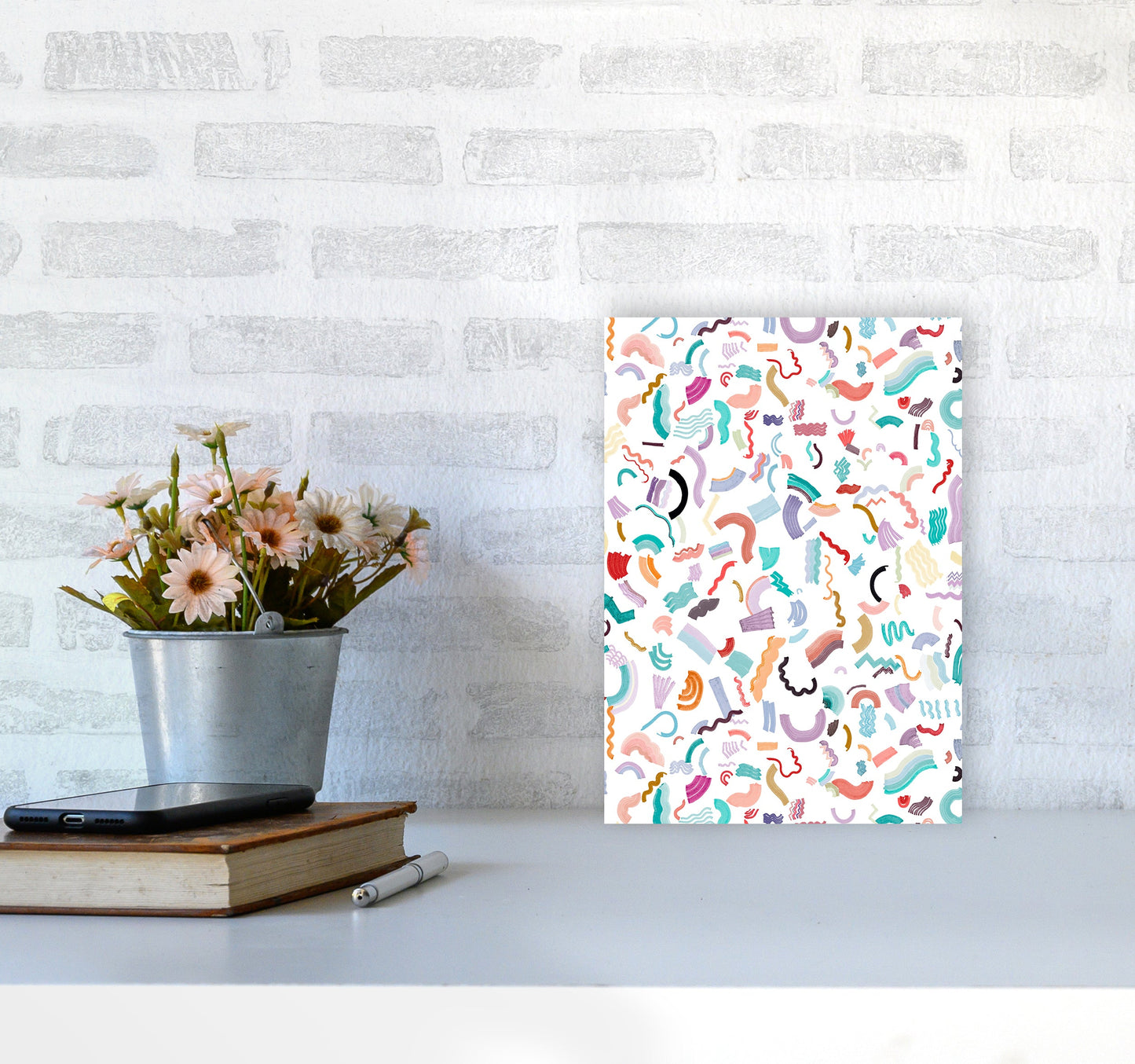 Curly und Zickzack-Streifen Weiß Abstract Kunst Druck
