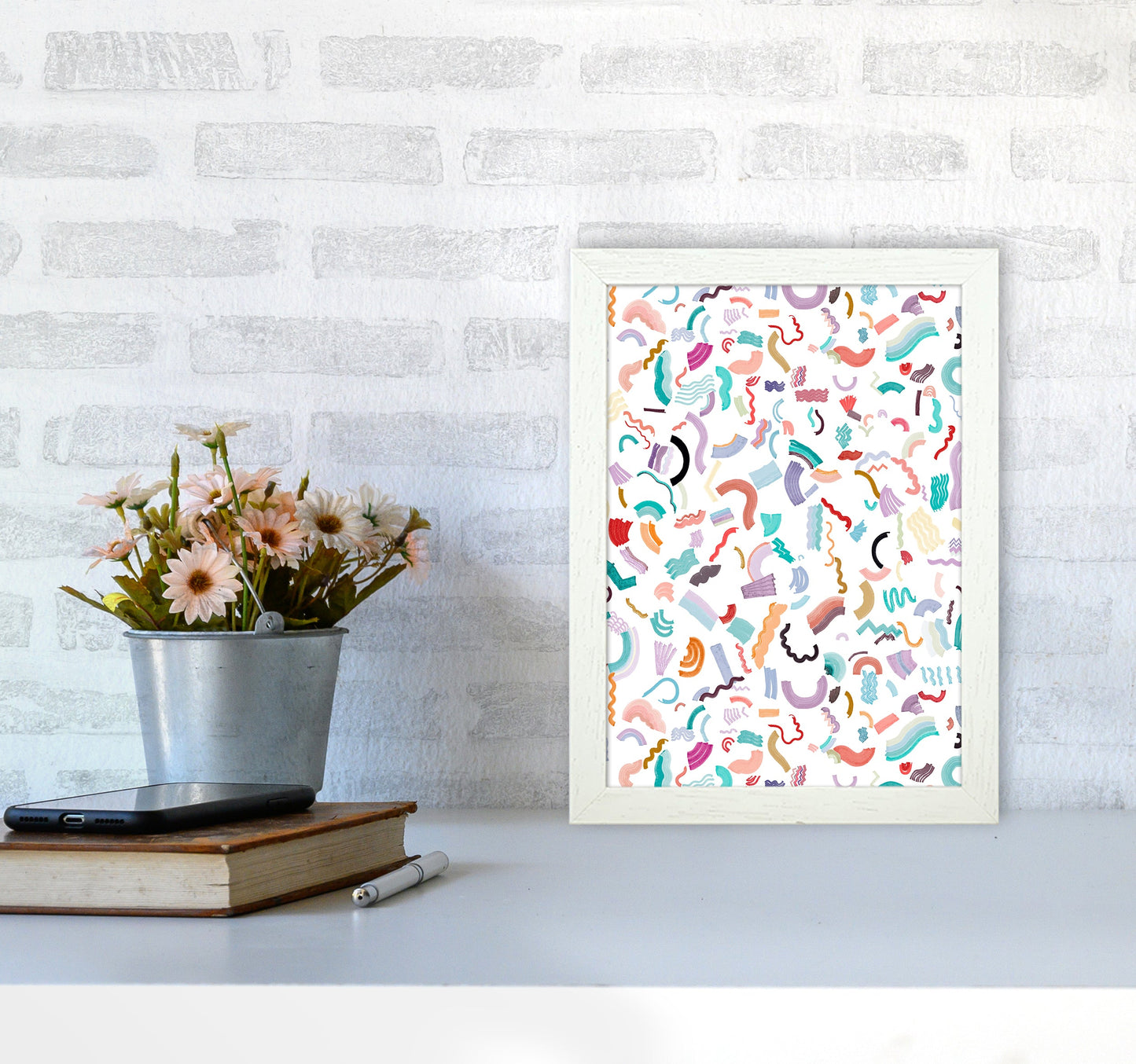 Curly und Zickzack-Streifen Weiß Abstract Kunst Druck