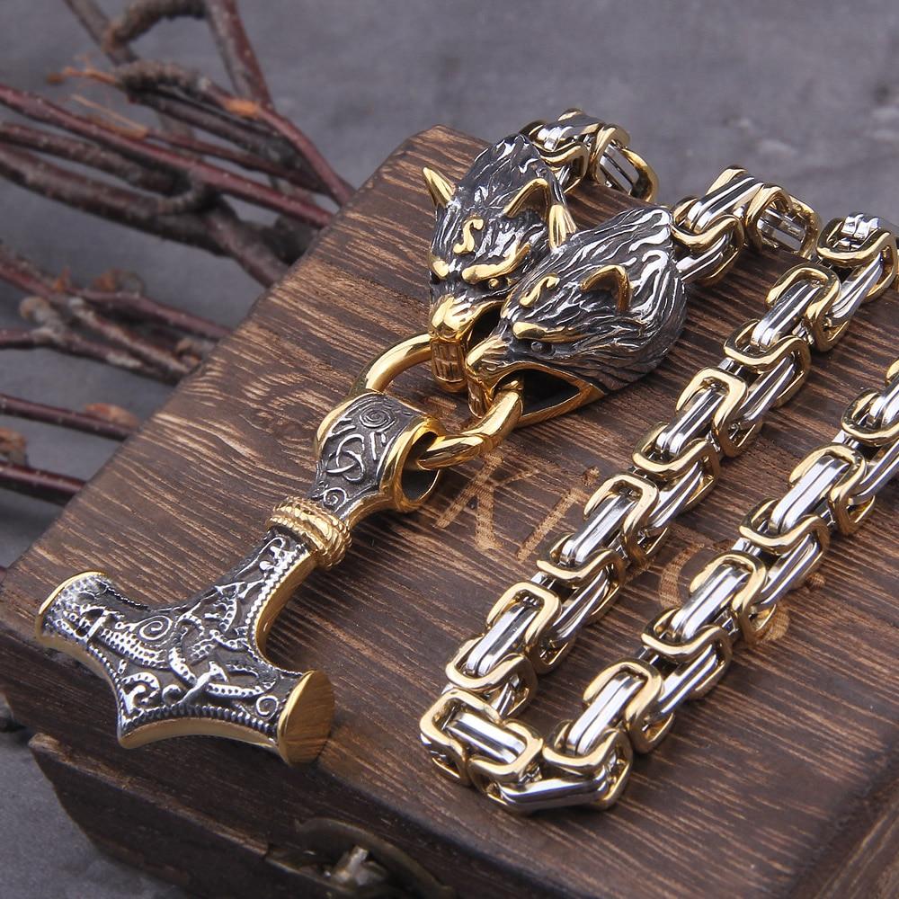 Frendorf | WolfSpirit Edelstahl Halskette & Armband | Doppel-Wolfskopf & Mjolnir Design | Viking Schmuck | 60–90 cm | Robust & Stilvoll