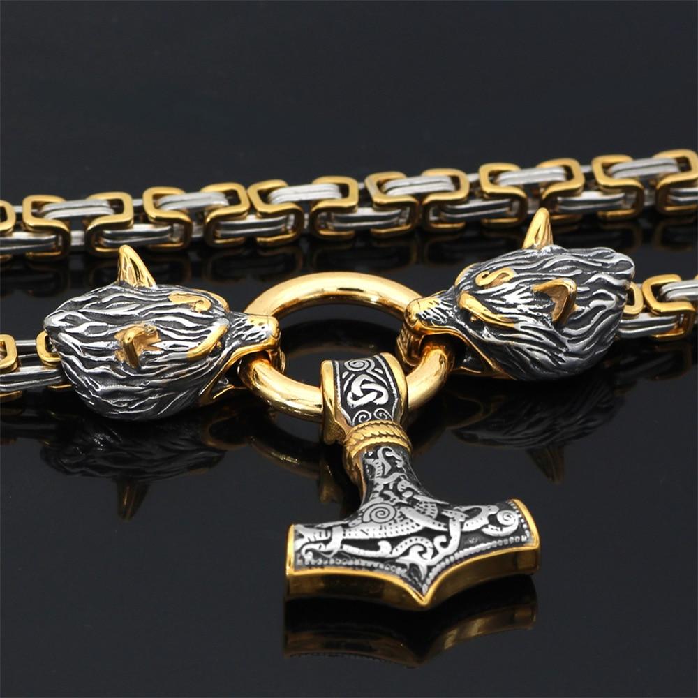 Frendorf | WolfSpirit Edelstahl Halskette & Armband | Doppel-Wolfskopf & Mjolnir Design | Viking Schmuck | 60–90 cm | Robust & Stilvoll