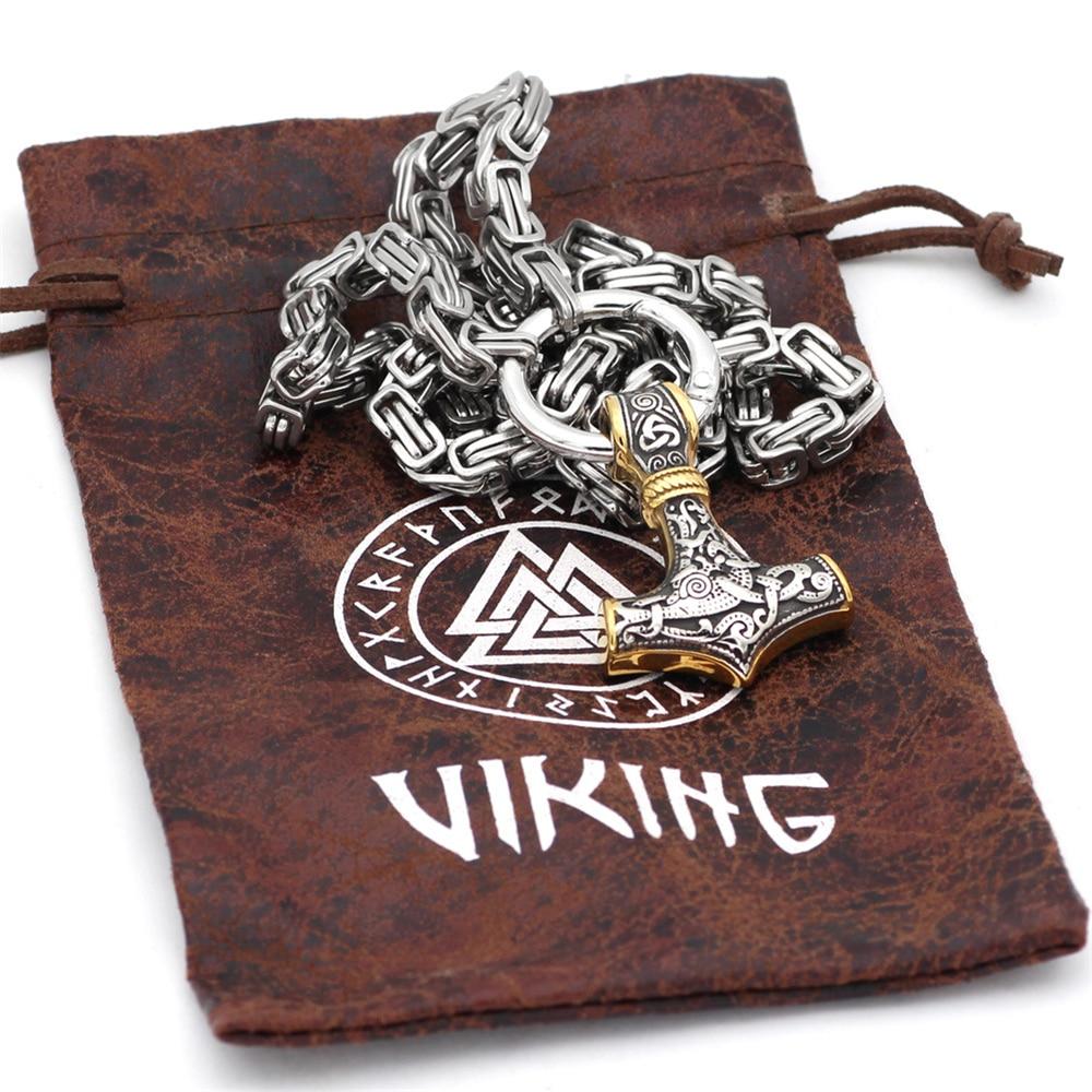 Frendorf | WolfSpirit Edelstahl Halskette & Armband | Doppel-Wolfskopf & Mjolnir Design | Viking Schmuck | 60–90 cm | Robust & Stilvoll