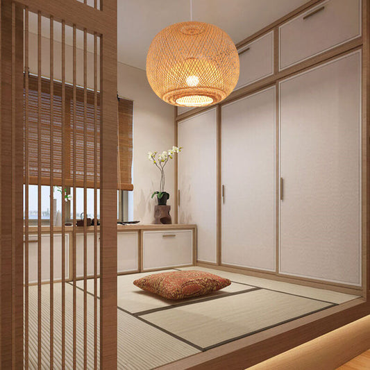 Frendorf | BambooAura Bambus Pendelleuchte | Runder Ball | Japanischer Stil | 1-flammig | Beige | Handgewebt