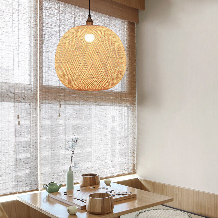 Frendorf | BambooAura Bambus Pendelleuchte | Runder Ball | Japanischer Stil | 1-flammig | Beige | Handgewebt