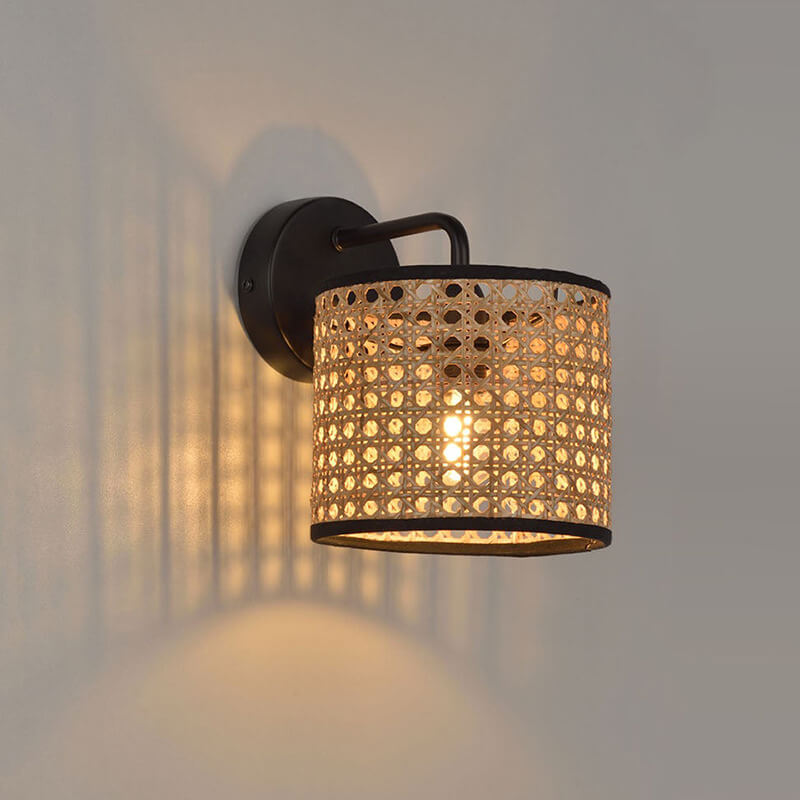 Frendorf | Ravelle Rattan Wandlampe | Modernes Webdesign | Trommelform | Stimmungsvolle Beleuchtung für Zuhause