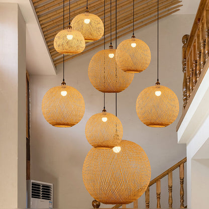 Frendorf | BambooAura Bambus Pendelleuchte | Runder Ball | Japanischer Stil | 1-flammig | Beige | Handgewebt