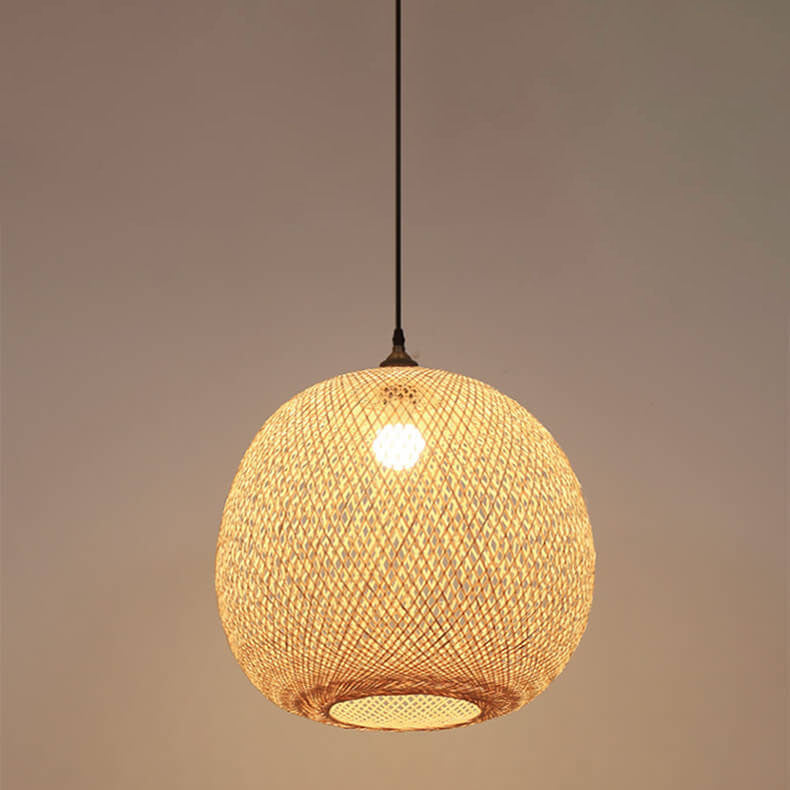 Frendorf | BambooAura Bambus Pendelleuchte | Runder Ball | Japanischer Stil | 1-flammig | Beige | Handgewebt