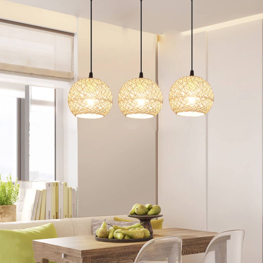 Frendorf | GlobeRattan – Beige Geflochtene Rattan Pendelleuchte | 1/3 Lichter | Elegantes Design
