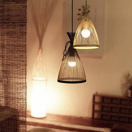 Frendorf | ZenBreeze Japanische Pendelleuchte | Handgeflochtenes Bambusdesign | Kegelförmige 1-flammige Hängeleuchte | Natürliche Eleganz