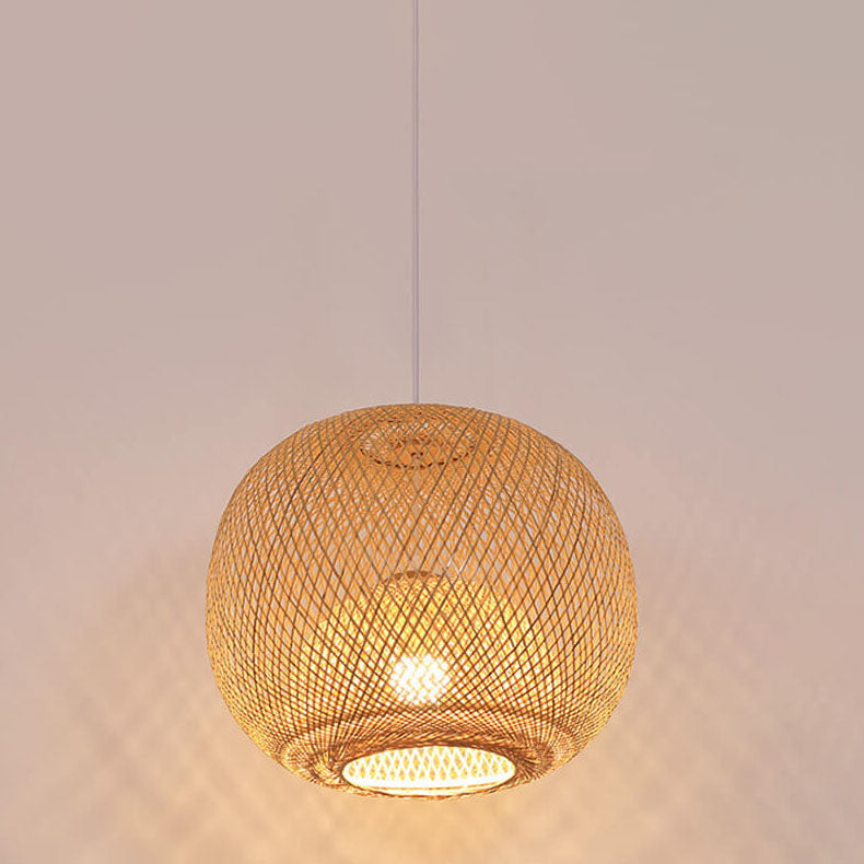 Frendorf | BambooAura Bambus Pendelleuchte | Runder Ball | Japanischer Stil | 1-flammig | Beige | Handgewebt