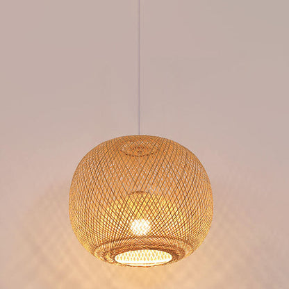 Frendorf | BambooAura Bambus Pendelleuchte | Runder Ball | Japanischer Stil | 1-flammig | Beige | Handgewebt