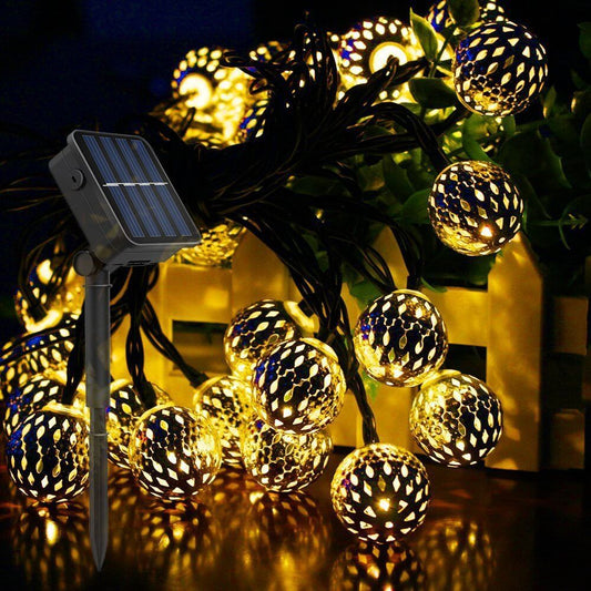 Solar-Lichterkette, marokkanischer Ball, bunte LED-Weihnachtsbeleuchtung, Eisenkugeln, Dekoration für den Außenbereich