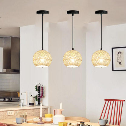 Frendorf | GlobeRattan – Beige Geflochtene Rattan Pendelleuchte | 1/3 Lichter | Elegantes Design