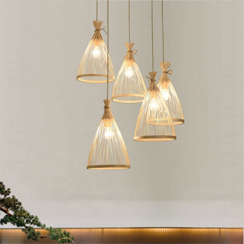 Frendorf | ZenBreeze Japanische Pendelleuchte | Handgeflochtenes Bambusdesign | Kegelförmige 1-flammige Hängeleuchte | Natürliche Eleganz