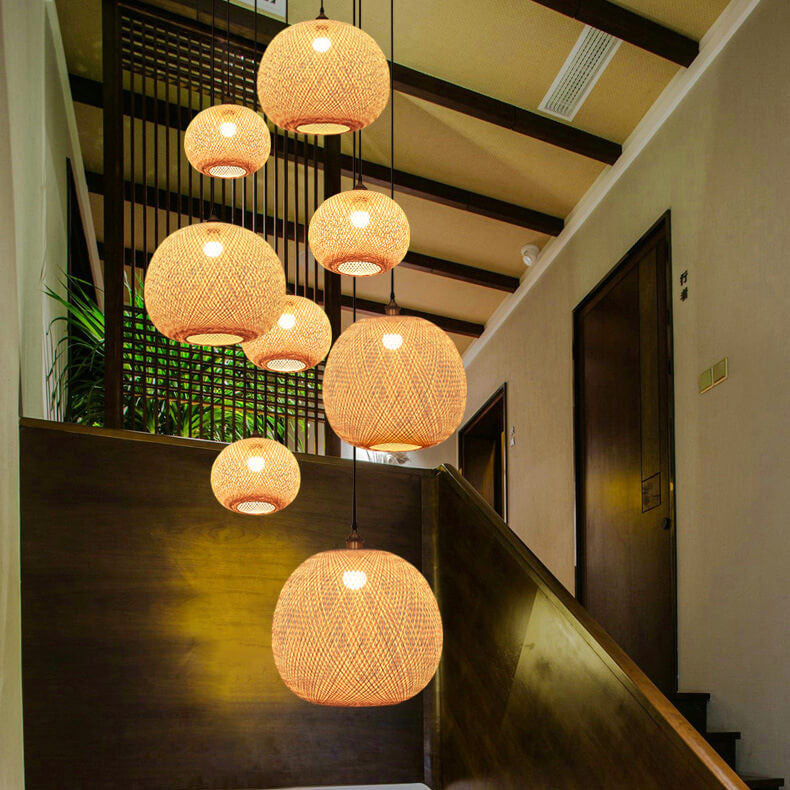 Frendorf | BambooAura Bambus Pendelleuchte | Runder Ball | Japanischer Stil | 1-flammig | Beige | Handgewebt