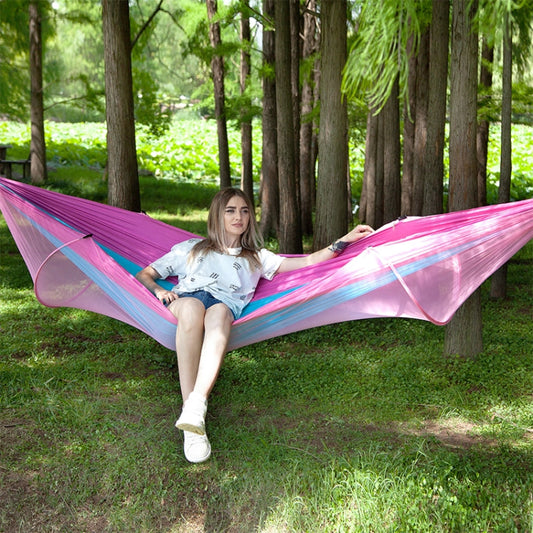 Frendorf | Tragbare Outdoor Camping Vollautomatische Nylon Fallschirm-Hängematte mit Moskitonetzen, Größe: 290 x 140cm (Pink Blau)