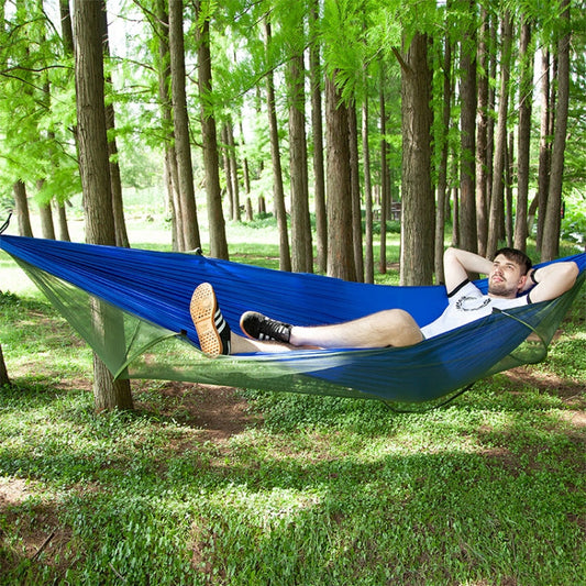 Frendorf | Tragbare Outdoor-Camping Vollautomatische Nylon-Paragleiter-Hängematte mit Moskito-Netzen, Größe: 290 x 140cm (Blau)