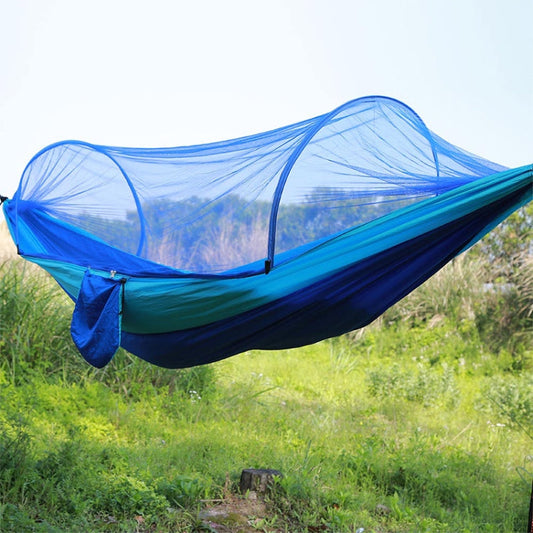 Frendorf | Tragbare Outdoor-Camping-Vollautomatische Nylon-Parachute-Hängematte mit Moskitonetzen, Größe : 250 x 120 cm (Dunkelblau + Himmelblau)