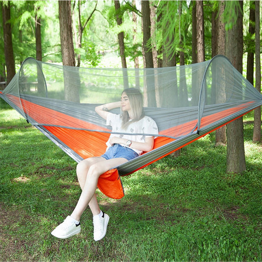 Frendorf | Tragbare Outdoor Camping Vollautomatische Nylon Fallschirm-Hängematte mit Moskito-Netzen, Größe: 250 x 120cm (Silbergrau + Orange)