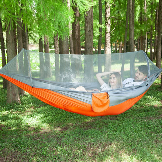 Frendorf | Tragbare Outdoor Camping Vollautomatische Nylon Fallschirm-Hängematte mit Moskito-Netzen, Größe: 250 x 120cm (Silbergrau + Orange)