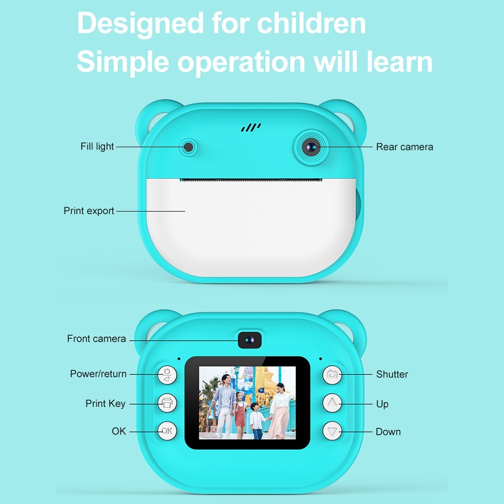 1080P Kinder Digitalkamera mit Thermodruck, 2,4-Zoll IPS-Bildschirm, Selfie & Video, Autofokus, inklusive 2 Druckpapierrollen