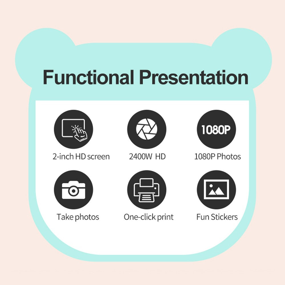 1080P Kinder Digitalkamera mit Thermodruck, 2,4-Zoll IPS-Bildschirm, Selfie & Video, Autofokus, inklusive 2 Druckpapierrollen