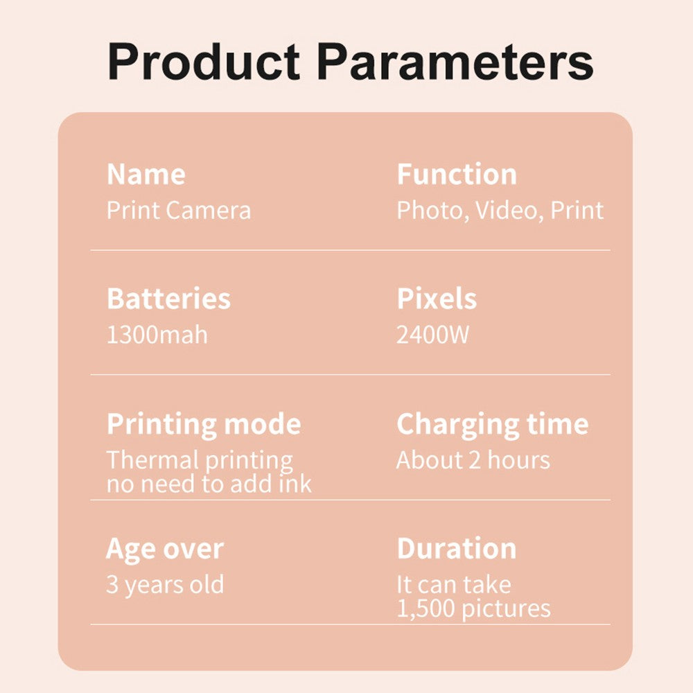 1080P Kinder Digitalkamera mit Thermodruck, 2,4-Zoll IPS-Bildschirm, Selfie & Video, Autofokus, inklusive 2 Druckpapierrollen
