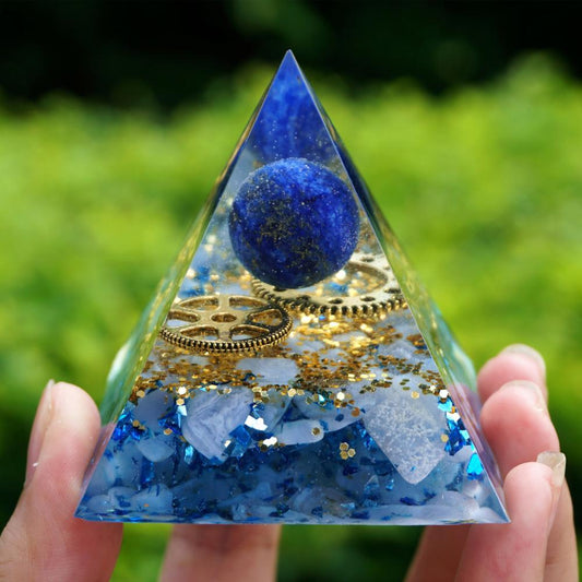 #116-Handgemachte Lapislazuli & blaue Chalcedon Kristallkugel 'UBER MEMORY' ORGONITE Pyramide