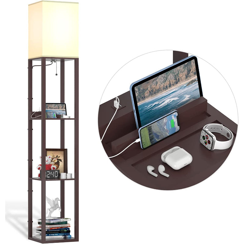 Stehlampe mit Regalen, Regal-Stehlampen aus echtem Massivholz mit 2 Ladeanschlüssen und 1 Steckdose, Stehlampen für Schlafzimmer, Lampen für das Wohnzimmer